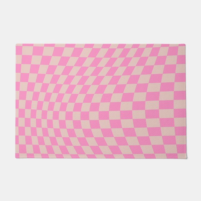 Check Pattern Peach And Pink Preppy Checkerboard Doormat (Front)