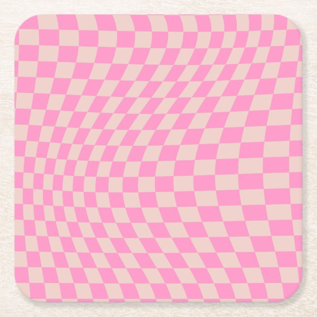 Check Pattern Peach And Pink Preppy Checkerboard Square Paper Coaster (Front)