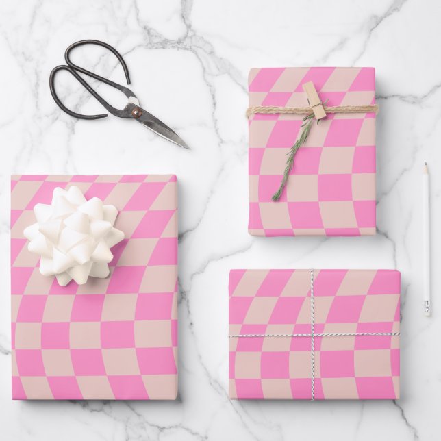 Check Pattern Peach And Pink Preppy Checkerboard Wrapping Paper Sheets (Front)