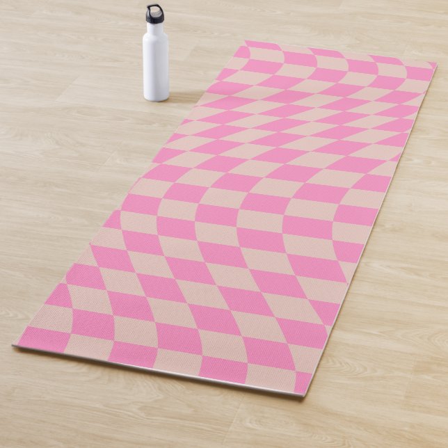 Check Pattern Peach And Pink Preppy Checkerboard Yoga Mat (In Situ)