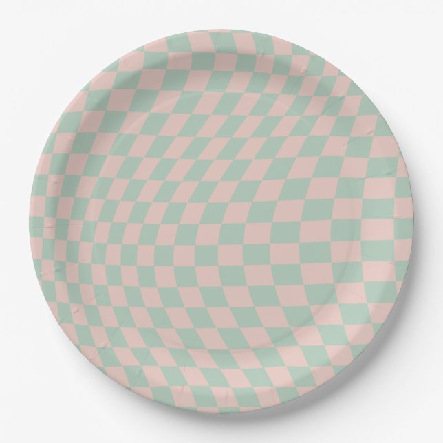 Check Pattern Sage Green And Beige Checkerboard Paper Plates (Front)