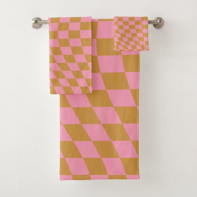 Check Pink Mustard Checkered Pattern Checkerboard Bath Towel Set (Insitu)