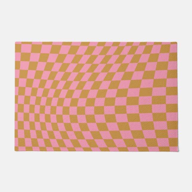 Check Pink Mustard Checkered Pattern Checkerboard Doormat (Front)