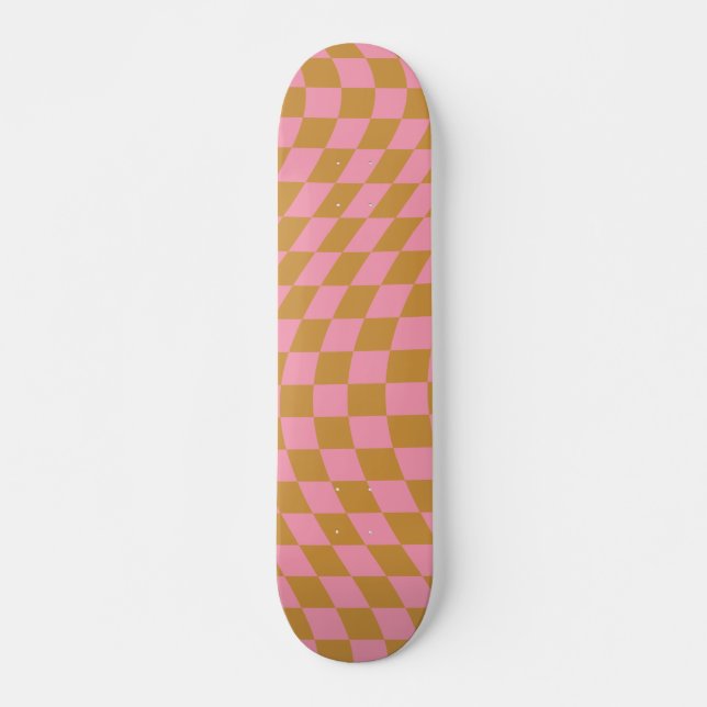 Check Pink Mustard Checkered Pattern Checkerboard Skateboard (Front)