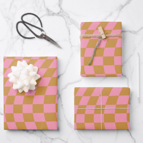 Check Pink Mustard Checkered Pattern Checkerboard Wrapping Paper Sheets