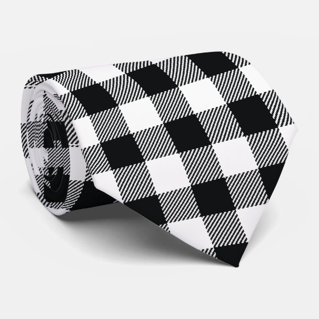  Check Plaid Black and White Neck Tie (Rolled)