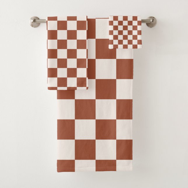Check Rust Checkered Terracotta Checkerboard Bath Towel Set (Insitu)