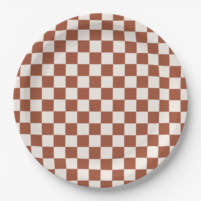 Check Rust Checkered Terracotta Checkerboard Paper Plates (Front)