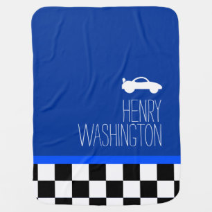 Check white black blue boys name car baby blanket