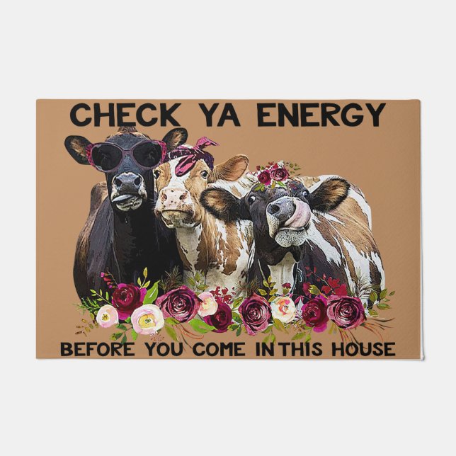 Check Ya Energy Cows Doormat, Cute Cow With Flower Doormat (Front)
