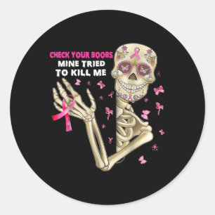 Check Your S Fun Skeleton Hand Breast Cancer Aware Classic Round Sticker