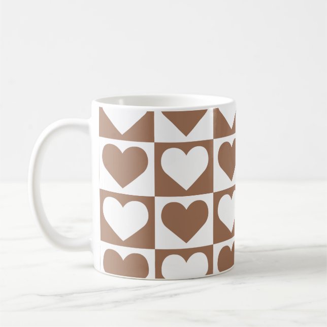 Checkboard Hearts Pattern - Brown and White  Coffee Mug (Left)