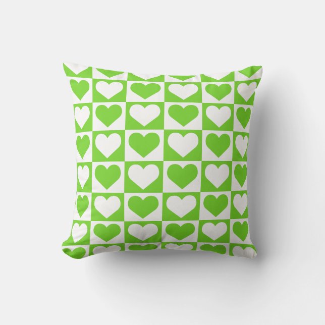 Checkboard Hearts Pattern - Green and White  Throw Pillow (Front)