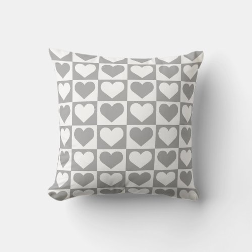 Checkboard Hearts Pattern _ Grey and White  Throw Pillow