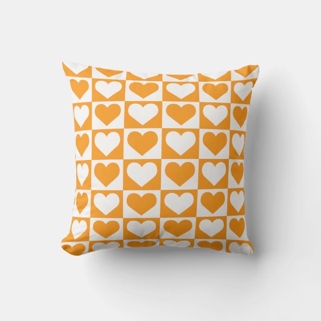 Checkboard Hearts Pattern - Orange and White  Throw Pillow (Front)