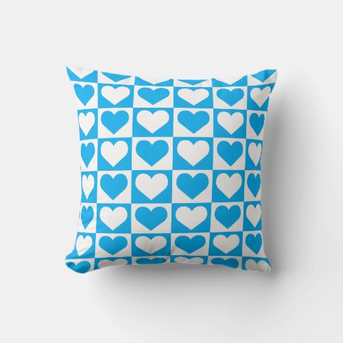 Checkboard Hearts Pattern _ Sky Blue and White  Throw Pillow