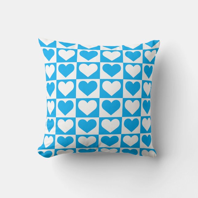 Checkboard Hearts Pattern - Sky Blue and White  Throw Pillow (Front)