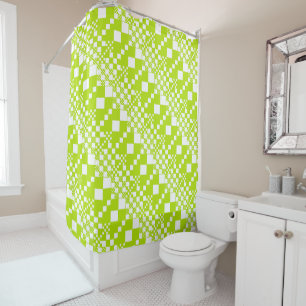 Checked, Checks - Lime Green and White Shower Curtain