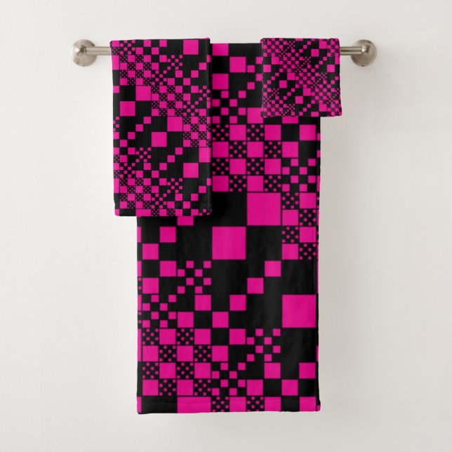 Checked, Checks - Magenta and Black Bath Towel Set (Insitu)