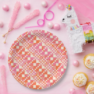 Checked, Checks - Pink, Orange and Cream Paper Plates