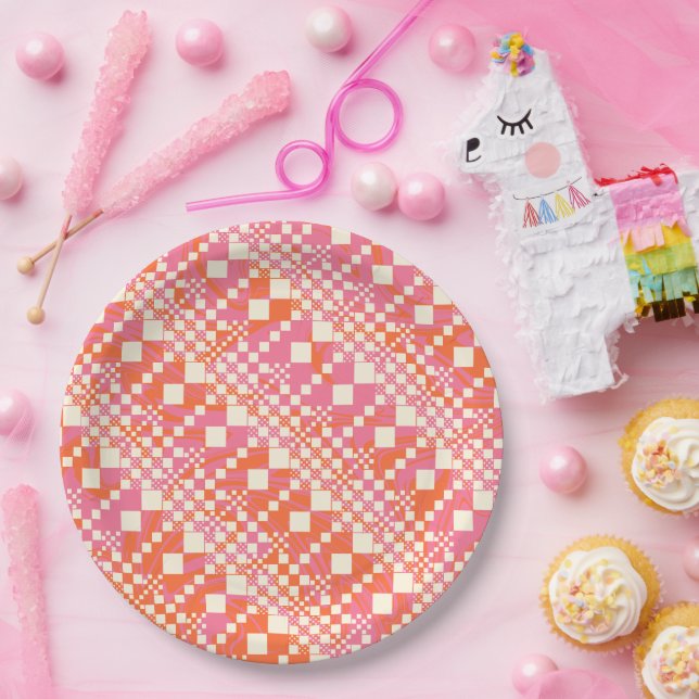 Checked, Checks - Pink, Orange and Cream Paper Plates (Party)