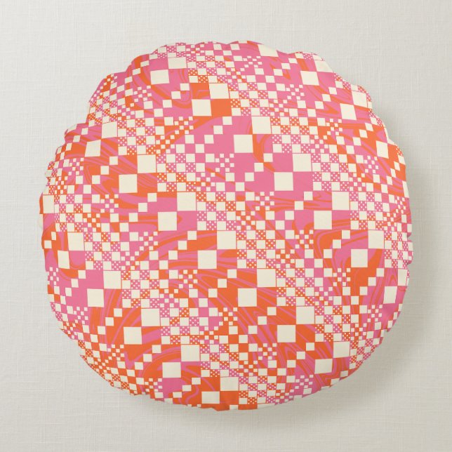 Checked, Checks - Pink, Orange and Cream Round Pillow (Front)
