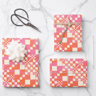 Checked, Checks - Pink, Orange and Cream Wrapping Paper Sheets