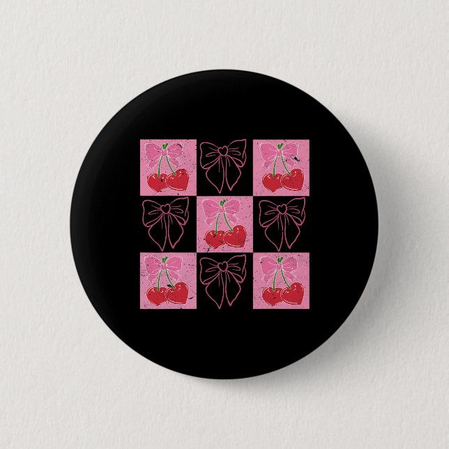 Checked Cherry Coquette Bow Ribbon Pink Valentine  Button (Front)