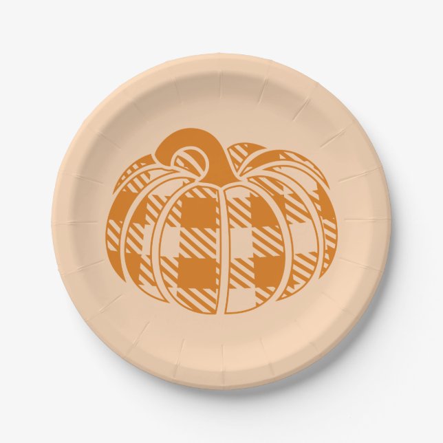 Checked Fall Pumpkin Thanksgiving Paper Plates (Front)