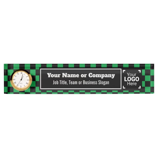 Checked Green & Black - Modern Business Style Desk Name Plate (Front)