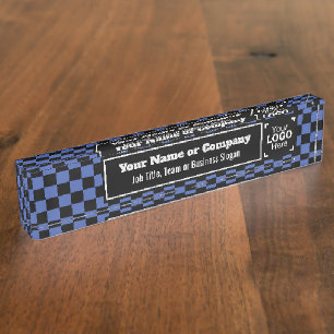 Checked Medium Blue & Black: Modern Business Style Desk Name Plate