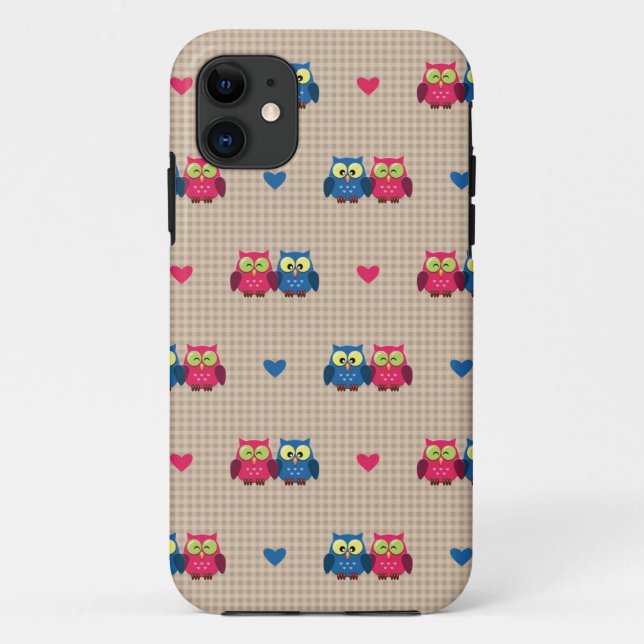 Checked pattern with love owls Case-Mate iPhone case (Back)