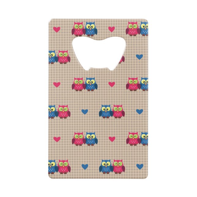 Checked pattern with love owls credit card bottle opener (Front)