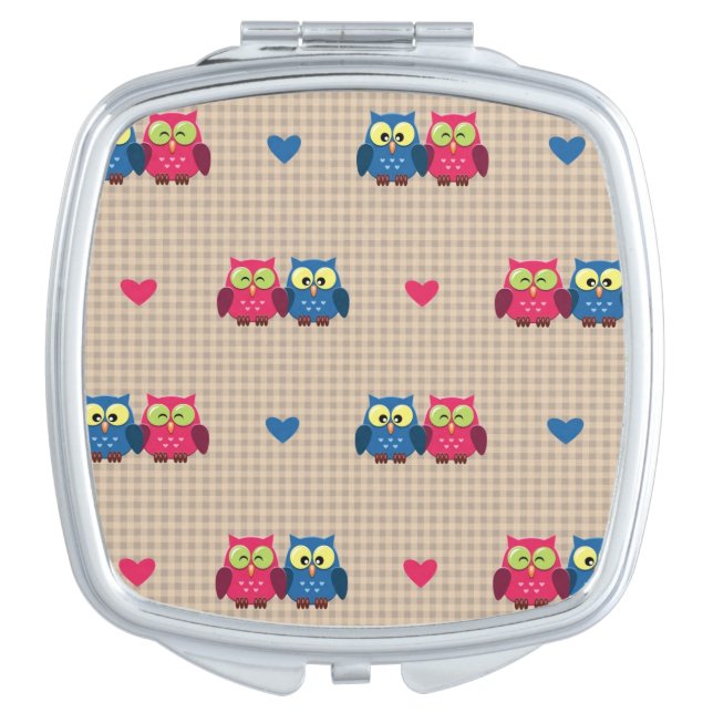 Checked pattern with love owls makeup mirror (Front)