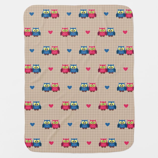 Checked pattern with love owls receiving blanket (Front)