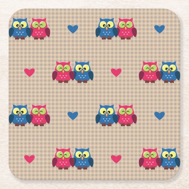 Checked pattern with love owls square paper coaster (Front)
