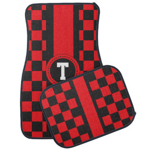 Checked Red and Black Racing Stripe DIY Monogram Car Floor Mat
