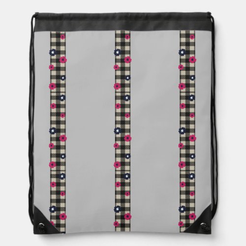 Checked strips with flowers drawstring bag