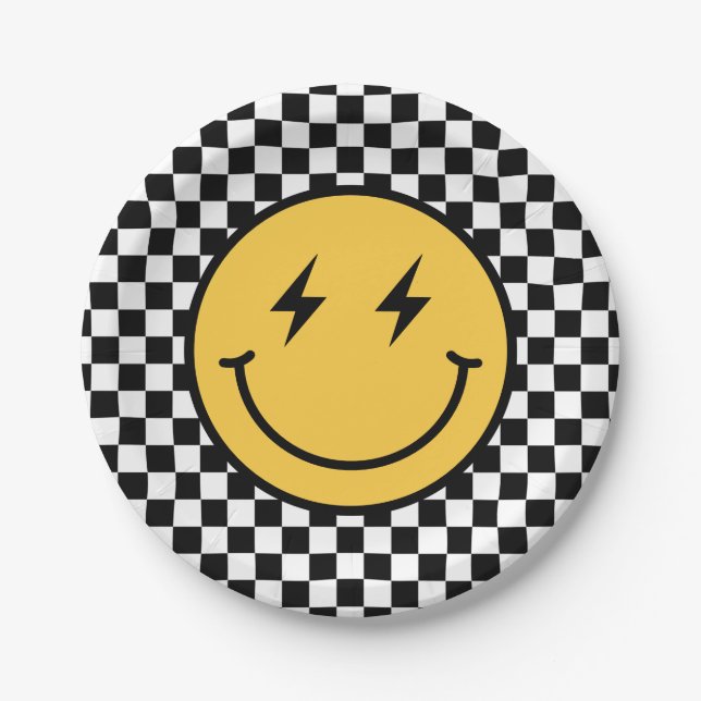 Checker Happy Face Birthday Paper Plates (Front)