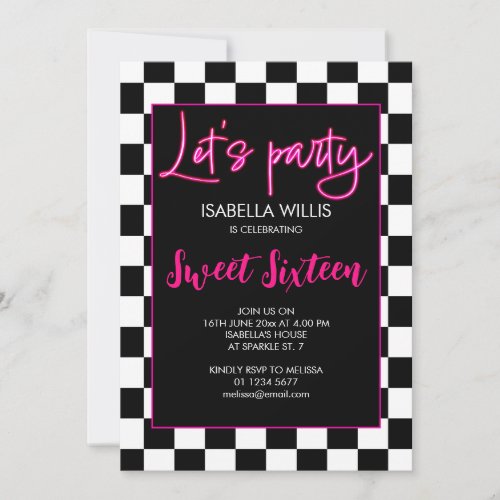 Checker hot pink black white Lets party Sweet 16 Invitation