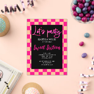 Checker hot pink peach black Lets party Sweet 16 Acrylic Invitations