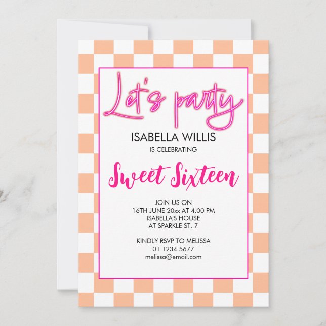 Checker hot pink peach white Lets party Sweet 16 Invitation (Front)