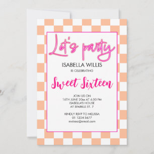 Checker hot pink peach white Lets party Sweet 16 Invitation