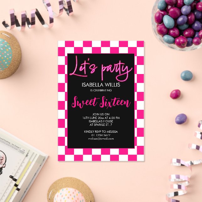 Checker hot pink white black Lets party Sweet 16 Acrylic Invitations (Insitu (Celebration))