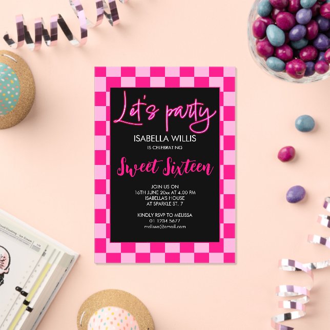 Checker light hot pink black Lets party Sweet 16 Acrylic Invitations (Insitu (Celebration))