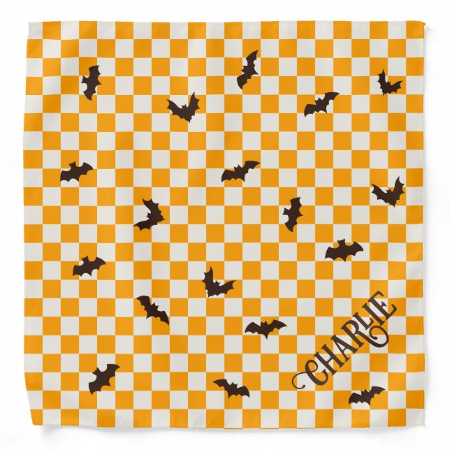 Checker Pattern and Bat Halloween Dog Bandana (Front)