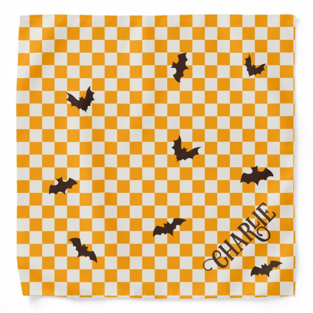Checker Pattern and Bat Halloween Dog Bandana (Front)