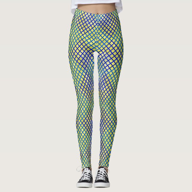 Checker pattern diagonal Blue 02.w Byellow BG Leggings (Front)