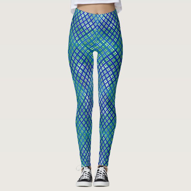 Checker pattern diagonal Blue 02.w Green BG Leggings (Front)