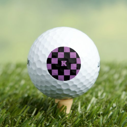 Checker Pattern Personalize Monogram Purple Black Golf Balls